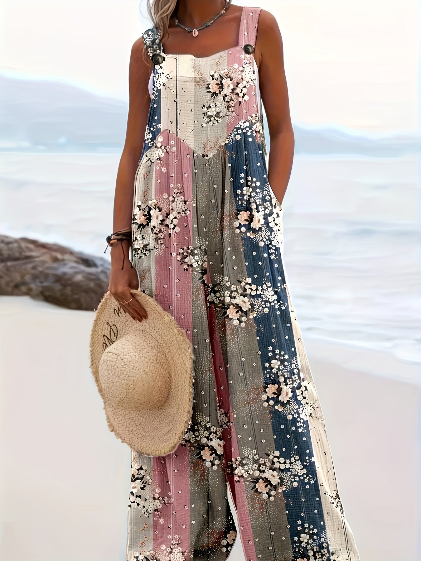 Bonbon Summer Getaway Print Loose Sleeveless Square Collar Pantsuit For Women