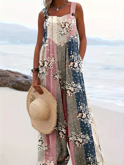 Bonbon Summer Getaway Print Loose Sleeveless Square Collar Pantsuit For Women
