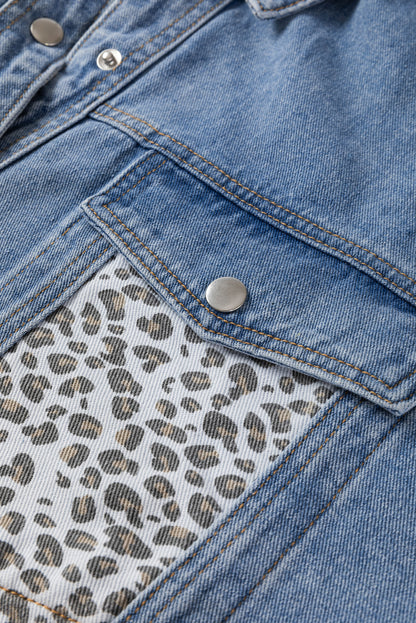 Beau Blue Leopard Patchwork Flap Detail Plus Size Denim Jacket