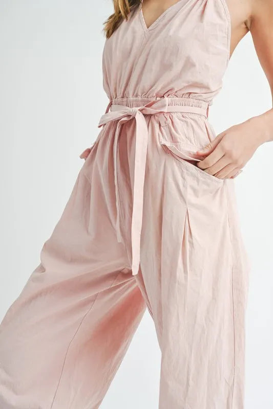 MABLE Washed Fabric Spaghetti Strap Waist Belted Jumpsuit Pink / S Pink / M Pink / L Pink / S-Pink / M-Pink / L-