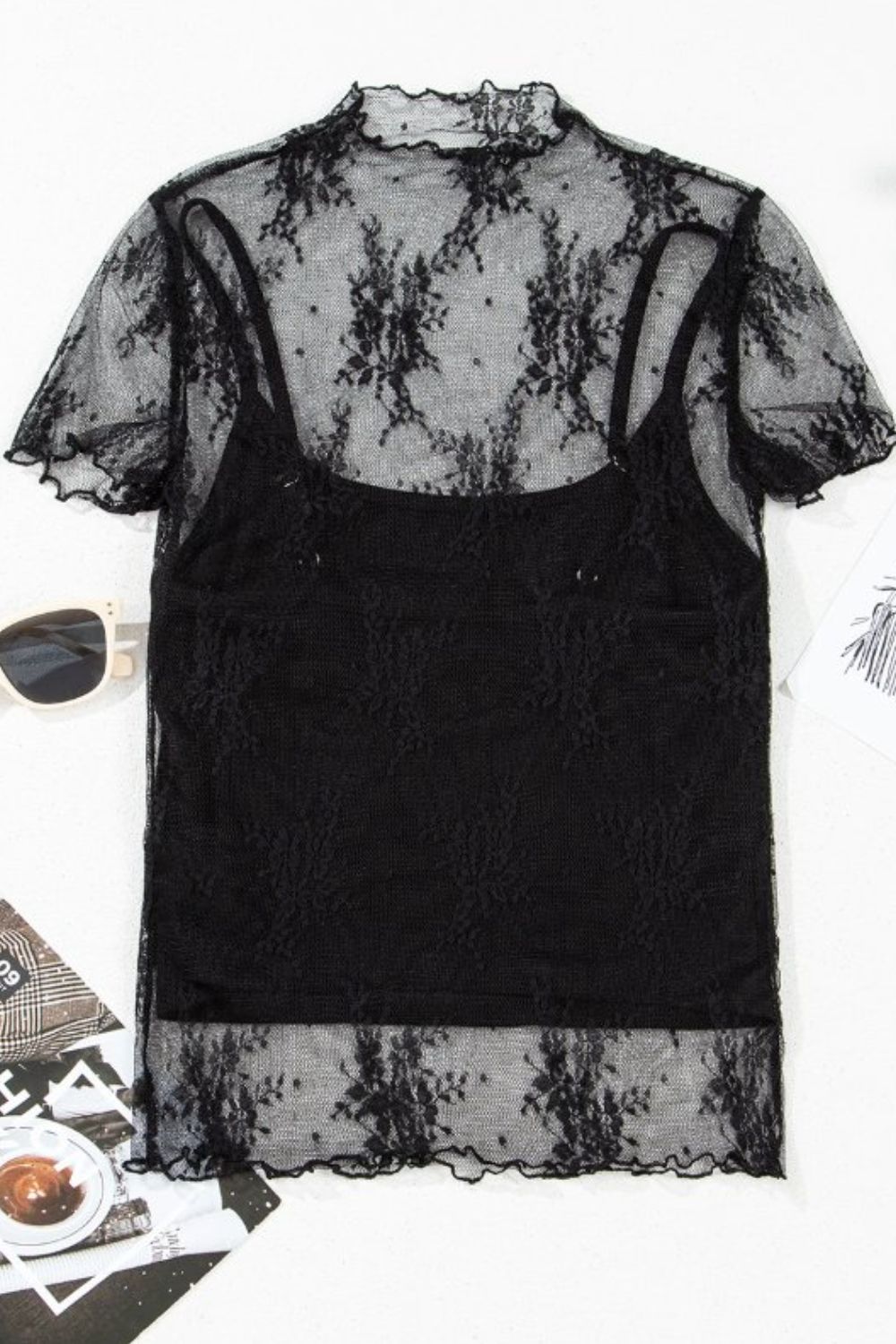 Floral Sheer Mesh Short Sleeve Top and Cami Set Black / S Black / M Black / XL Black / S-Black / M-Black / XL-Black / L-