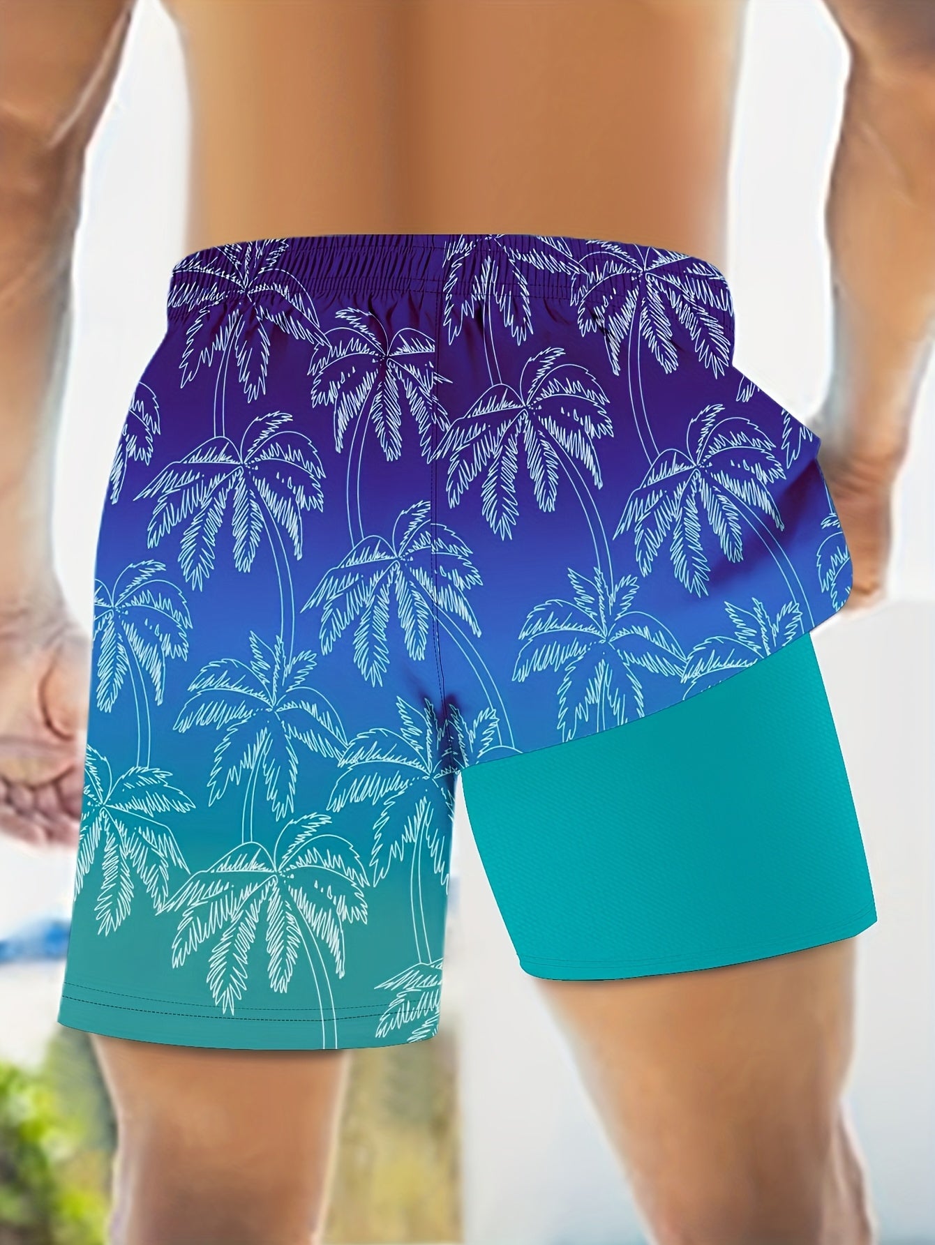 Lightweight Quick-Dry Men's Swim Trunks | Tropical Coconut Tree Ombre Design, Compression Liner, Drawstring Waist, Side Pockets, Vibrant Blue to Purple