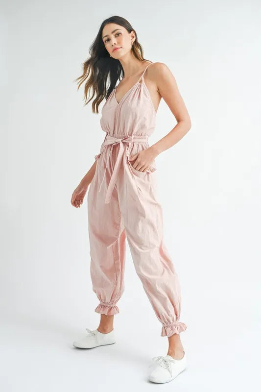 MABLE Washed Fabric Spaghetti Strap Waist Belted Jumpsuit Pink / S Pink / M Pink / L Pink / S-Pink / M-Pink / L-