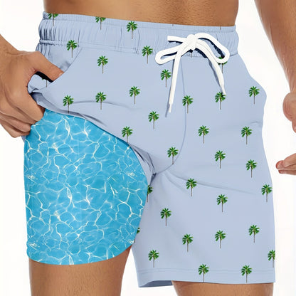 Men's Quick-Dry Swim Trunks with Pockets - 2-in-1 Design, Coconut Tree & Camo Print, Drawstring Waist