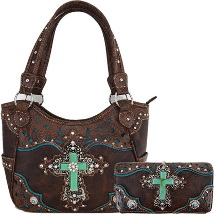 1pc Western Style Faux Leather Handbag with Rhinestone Cross and Conchos, Studded Shoulder Bag with Trifold Wallet Set Beige #2 Black Set Coffee Set Beige #2-Black Set-Coffee Set-Turquoise Set-