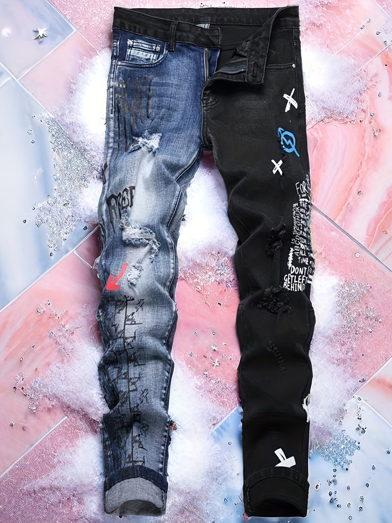 Men'S Ripped Letter Print Stretch Straight Slim Patchwork Jeans Comfortable Indigo / 30 Indigo / 32 Indigo / 34 Indigo / 30-Indigo / 32-Indigo / 34-Indigo / 36-Indigo / 38-