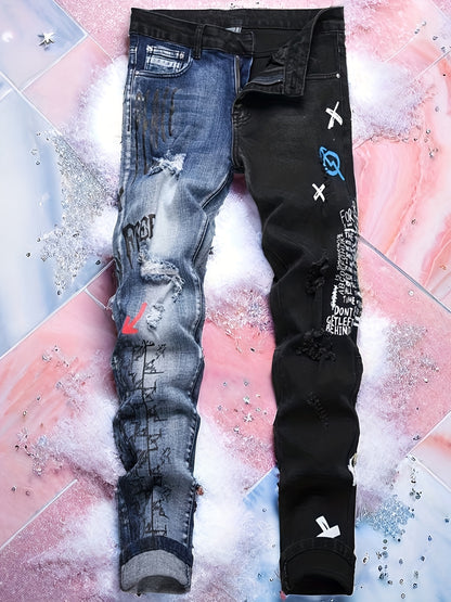 Men'S Ripped Letter Print Stretch Straight Slim Patchwork Jeans Comfortable Indigo / 30 Indigo / 32 Indigo / 34 Indigo / 30-Indigo / 32-Indigo / 34-Indigo / 36-Indigo / 38-