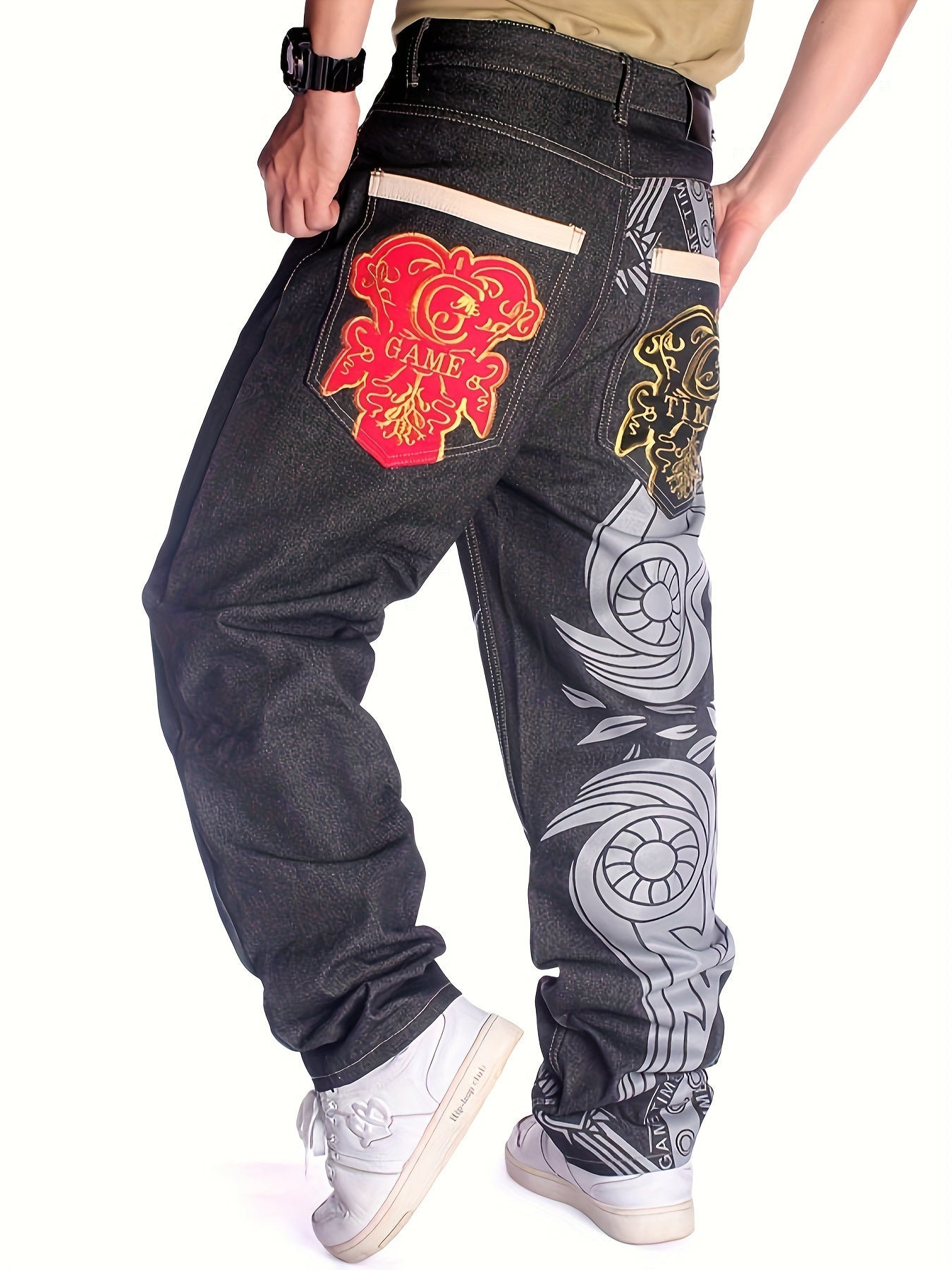 Men's Casual Jeans, Original Color Jeans, Hip-hop Loose Print Embroidered Denim Pants Black / 30 Black / 32 Black / 34 Black / 30-Black / 32-Black / 34-Black / 36-Black / 38-Black / 40-Black / 42-