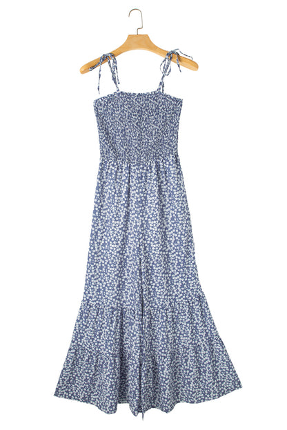 Dusk Blue Floral Print Spaghetti Straps Smocked Wide Leg Jumpsuit