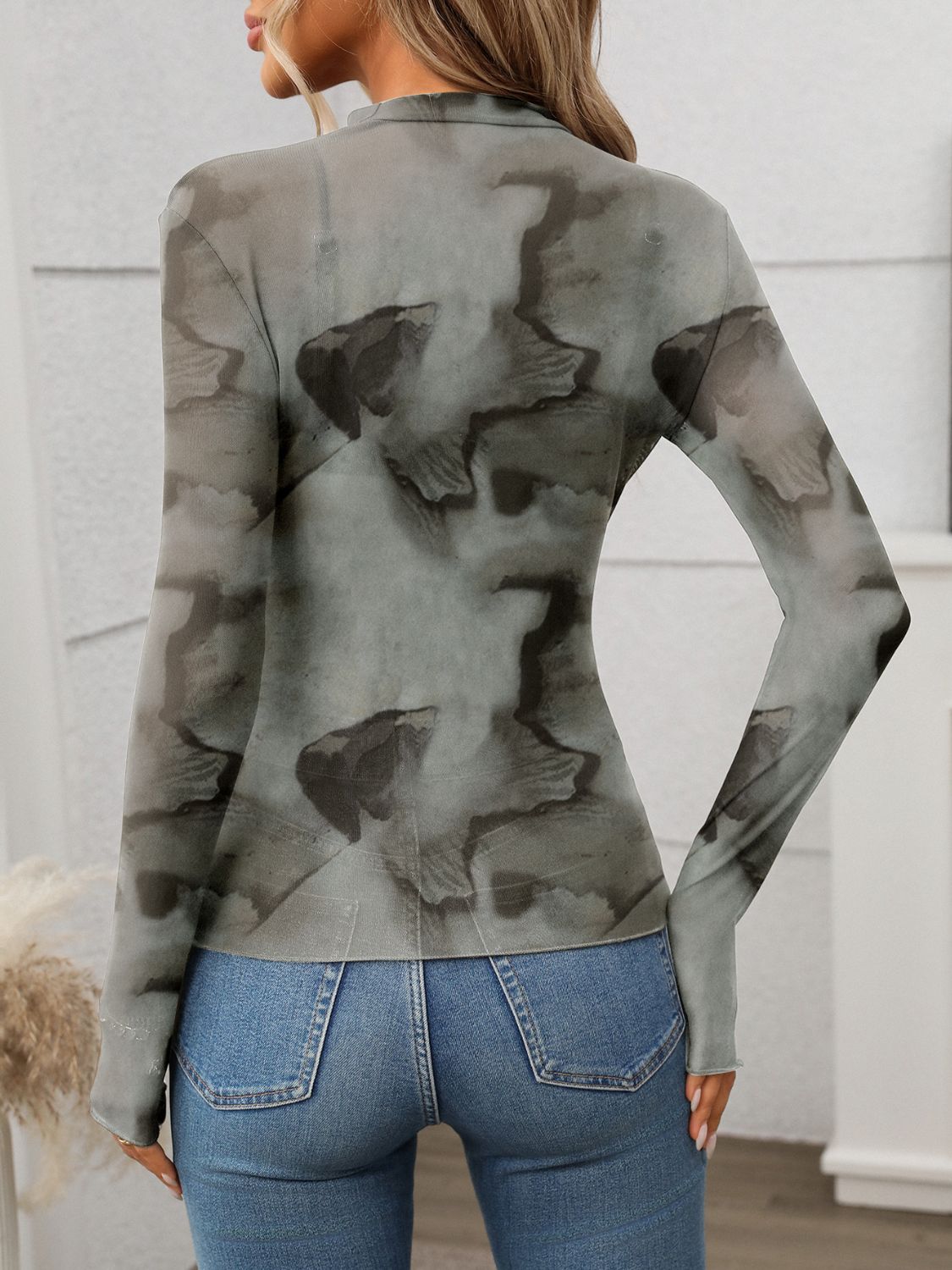 Printed Mock Neck Long Sleeve Mesh T-Shirt Ink Painting / S Ink Painting / M Ink Painting / L Ink Painting / S-Ink Painting / M-Ink Painting / L-Ink Painting / XL-Black / S-Black / M-Black / L-Black / XL-