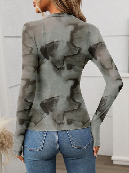 Printed Mock Neck Long Sleeve Mesh T-Shirt Ink Painting / S Ink Painting / M Ink Painting / L Ink Painting / S-Ink Painting / M-Ink Painting / L-Ink Painting / XL-Black / S-Black / M-Black / L-Black / XL-