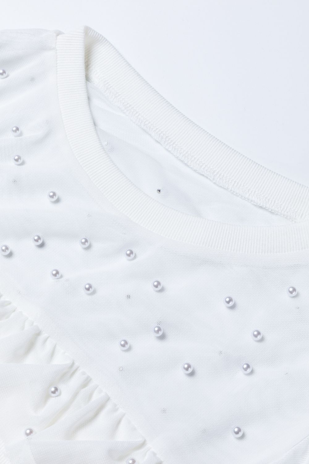 Pearl Decor Mesh Patchwork Ribbed Long Sleeve Top White / M White / L White / XL White / M-White / L-White / XL-White / S-