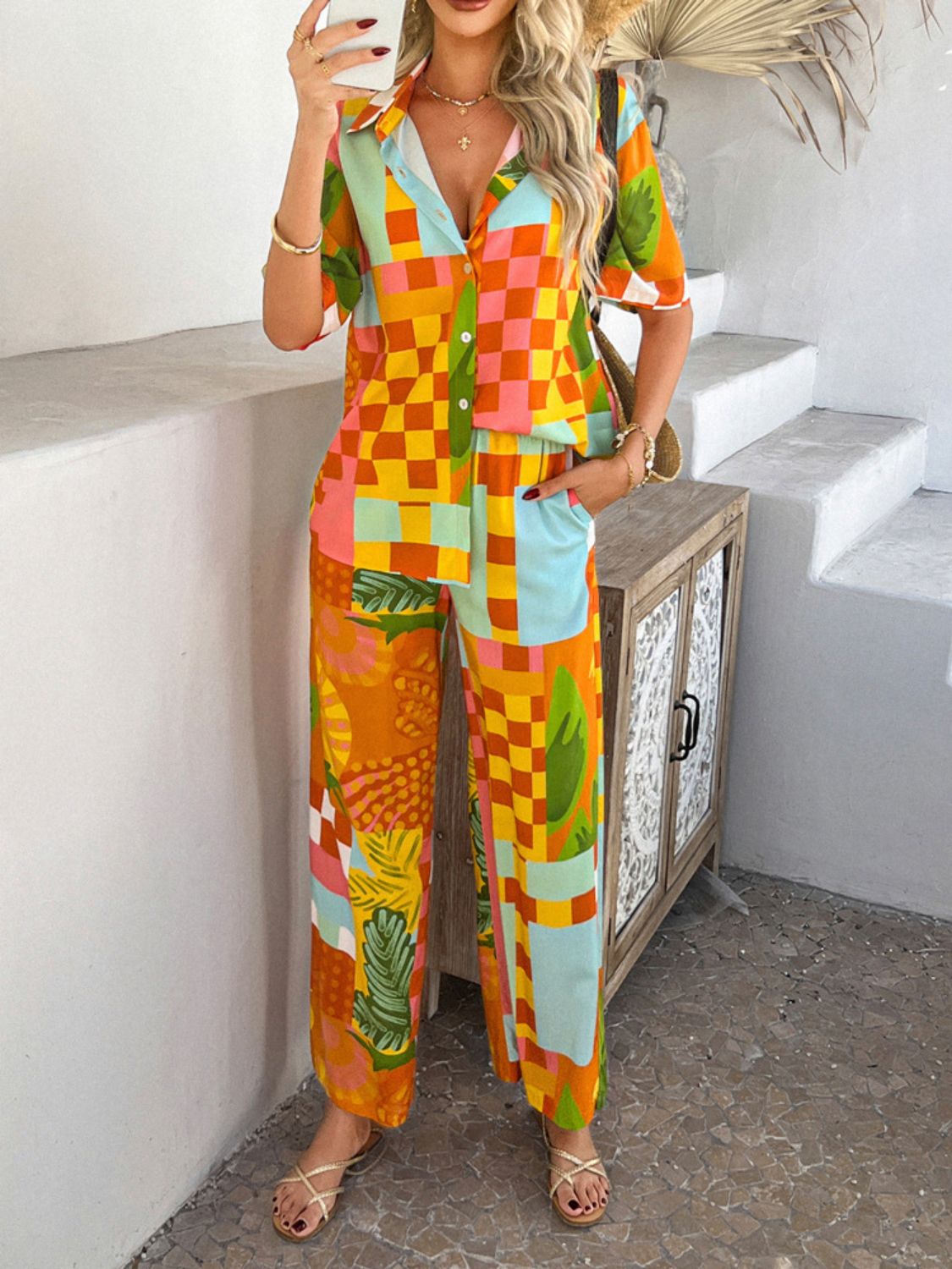 Devine Printed Button Down Shirt and Pants Set Tangerine / M Tangerine / L Tangerine / XL Tangerine / M-Tangerine / L-Tangerine / XL-Strawberry / S-Dust Storm / S-Dust Storm / M-Dust Storm / L-Dust Storm / XL-Multicolor / S-Multicolor / M-Multicolor / L-Multicolor / XL-Strawberry / M-Strawberry / L-Strawberry / XL-White / S-White / M-White / L-White / XL-Tangerine / S-