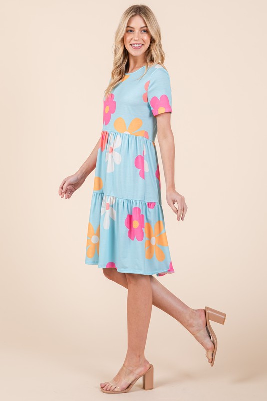 BOMBOM Floral Round Neck Short Sleeve Tiered Dress Pastel  Blue / S Pastel  Blue / M Pastel  Blue / L Pastel  Blue / S-Pastel  Blue / M-Pastel  Blue / L-Pastel  Blue / XL-