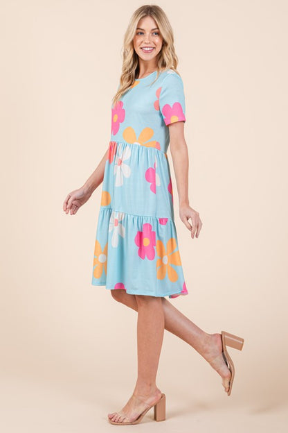 BOMBOM Floral Round Neck Short Sleeve Tiered Dress Pastel  Blue / S Pastel  Blue / M Pastel  Blue / L Pastel  Blue / S-Pastel  Blue / M-Pastel  Blue / L-Pastel  Blue / XL-