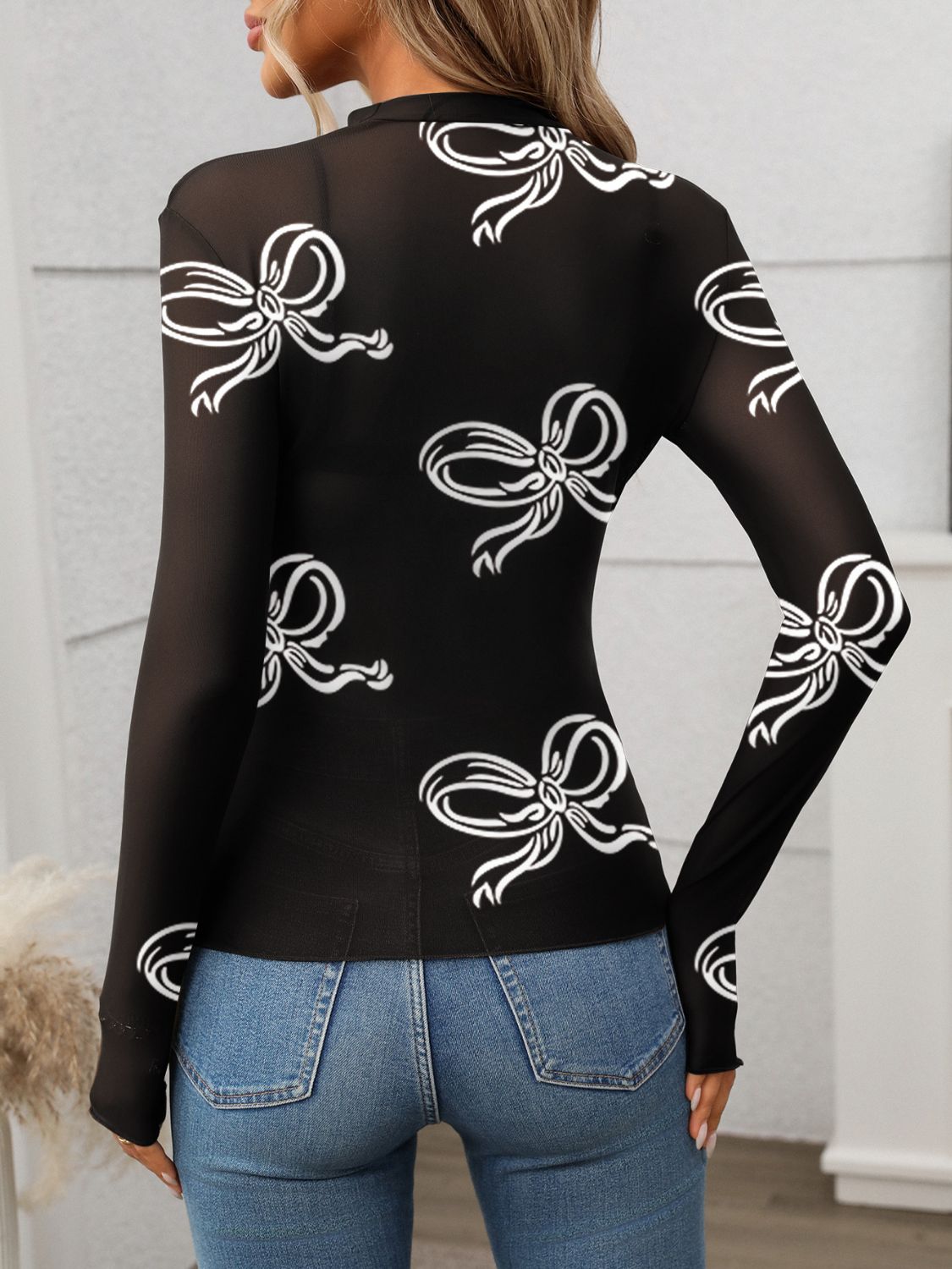 Printed Mock Neck Long Sleeve Mesh T-Shirt Ink Painting / S Ink Painting / M Ink Painting / L Ink Painting / S-Ink Painting / M-Ink Painting / L-Ink Painting / XL-Black / S-Black / M-Black / L-Black / XL-
