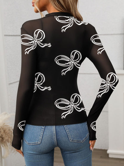 Printed Mock Neck Long Sleeve Mesh T-Shirt Ink Painting / S Ink Painting / M Ink Painting / L Ink Painting / S-Ink Painting / M-Ink Painting / L-Ink Painting / XL-Black / S-Black / M-Black / L-Black / XL-