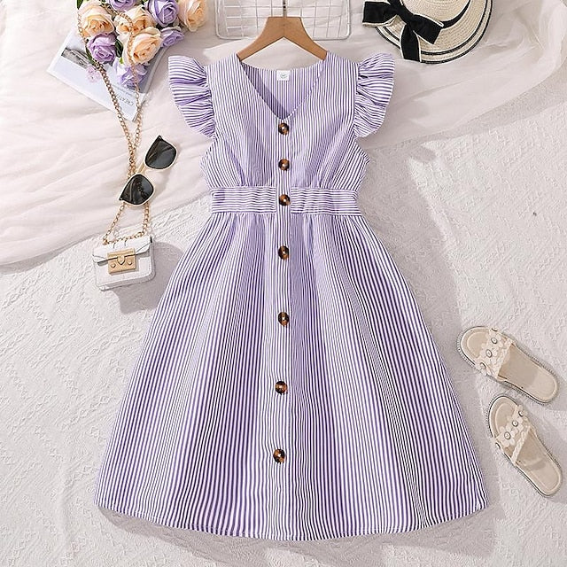 Enchanting 3D Striped Ruffle Dress for Girls – Sweet Summer A-Line Dress for Ages 4-12