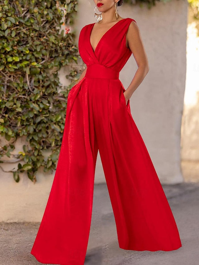 Red Wide-Leg Jumpsuit for Effortless Summer Style - Sleek V-Neck & Pocket Details