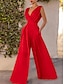 Red Wide-Leg Jumpsuit for Effortless Summer Style - Sleek V-Neck & Pocket Details