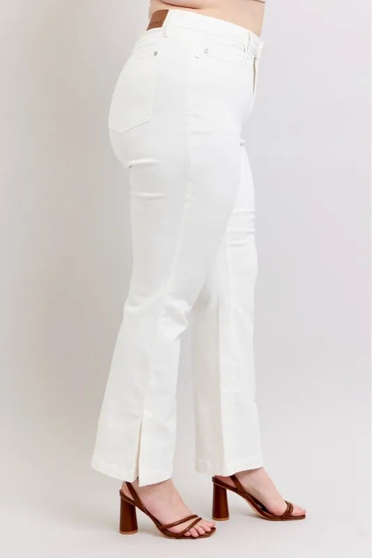 Judy Blue Full Size High Waist Side Slit Slim Bootcut Jeans Plus Size WHT / 14W WHT / 11(30) WHT / 0(24) WHT / 14W-WHT / 11(30)-WHT / 0(24)-WHT / 1(25)-WHT / 3(26)-WHT / 5(27)-WHT / 7(28)-WHT / 9(29)-WHT / 13(31)-WHT / 15(32)-WHT / 16W-WHT / 18W-WHT / 20W-WHT / 22W-WHT / 24W-