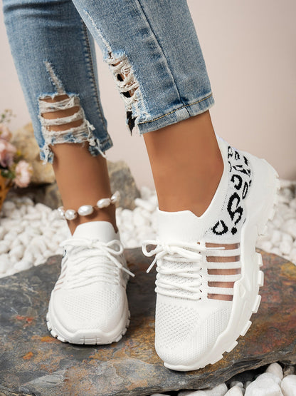 Cutout Leopard Lace Up Mesh Athletic White