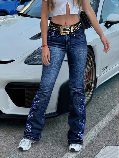 Women'S Blue Elastic Retro Imitation Phoenix Embroidered Flared Jeans
