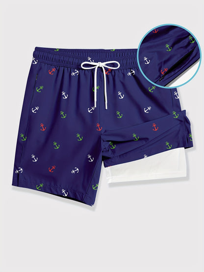 Men'S Swim Trunk With Compression Liner Navy Blue Anchor PrintQuick Dry Board Shorts With Pocket Zipper