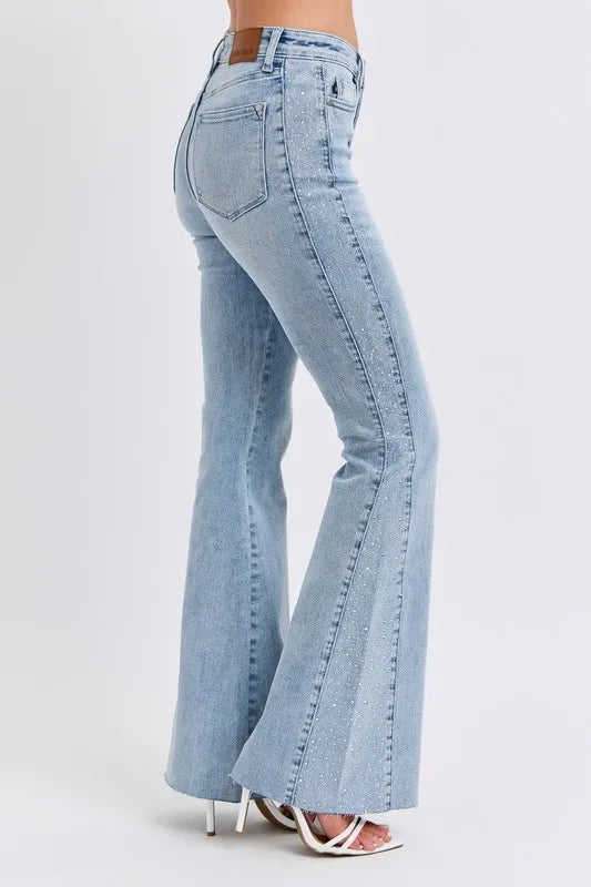 Judy Blue Full Size Midi Rise Rhinestone Side Panel Detail Flare Jeans Plus Size LT / 1(25) LT / 5(27) LT / 7(28) LT / 1(25)-LT / 5(27)-LT / 7(28)-LT / 9(29)-LT / 20W-LT / 0(24)-LT / 3(26)-LT / 11(30)-LT / 13(31)-LT / 15(32)-LT / 14W-LT / 16W-LT / 18W-LT / 22W-LT / 24W-