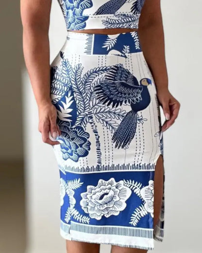Chic Floral Print Vacation Set: Sleeveless Tank & Slit Slim-Fit Skirt blue / S(4) blue / M(6) blue / L(8-10) blue / S(4)-blue / M(6)-blue / L(8-10)-blue / XL(12)-