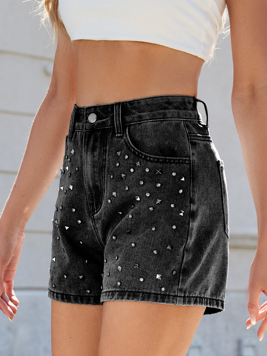 Rhinestone Washed High Waist Denim Shorts Black / S Medium / 2XL Black / M Black / S-Medium / 2XL-Black / M-Black / L-Black / XL-Black / 2XL-Medium / S-Medium / M-Medium / L-Medium / XL-