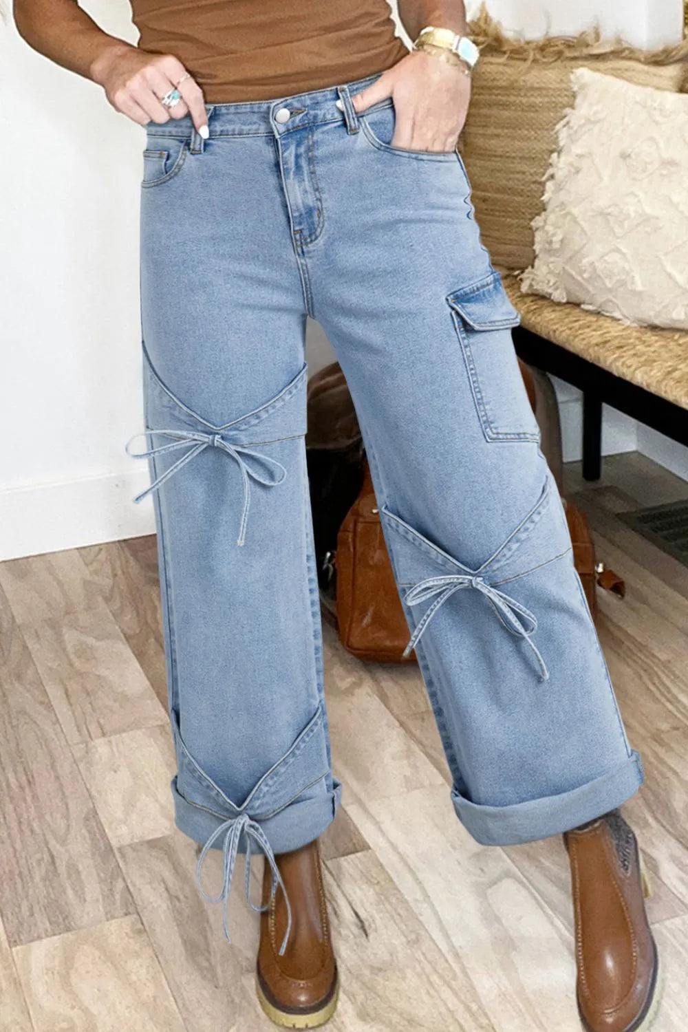 Bowknot Decor Cargo Jeans Light Blue / 6 Light Blue / 8 Light Blue / 10 Light Blue / 6-Light Blue / 8-Light Blue / 10-Light Blue / 12-Light Blue / 14-Light Blue / 16-