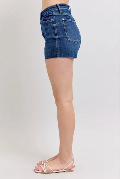 Judy Blue High Waist Criss-Cross Waistband Denim Shorts DK / M DK / S DK / L DK / M-DK / S-DK / L-DK / 1XL-DK / 3XL-DK / 2XL-