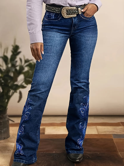Women'S Blue Elastic Retro Imitation Phoenix Embroidered Flared Jeans