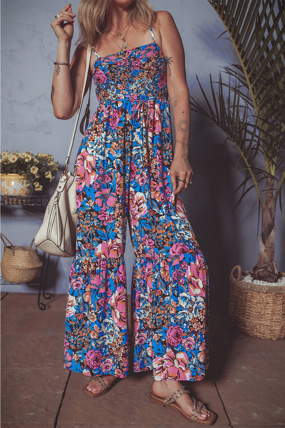 Floral Smocked Spaghetti Straps Wide Leg Jumpsuit Floral / M Floral / L Floral / XL Floral / M-Floral / L-Floral / XL-Floral / S-