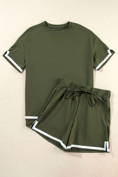 Contrast Trim Tee and Shorts Set Army Green / S Army Green / M Army Green / L Army Green / S-Army Green / M-Army Green / L-Black / XL-Black / M-Army Green / XL-Black / L-Black / S-