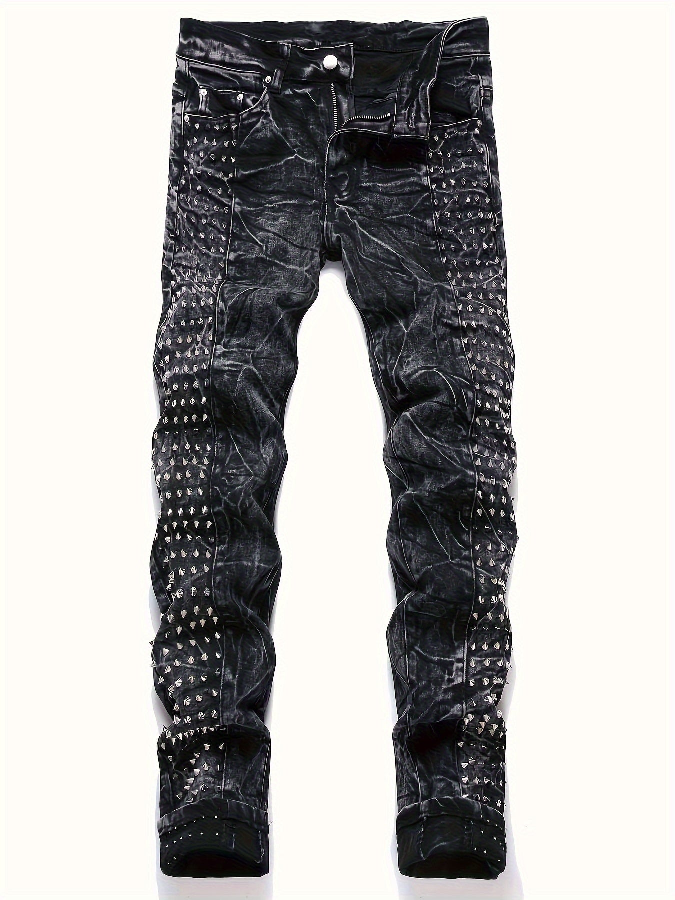 Men's Slim-Fit Rivet-Studded Denim Jeans - Punk Style, Stretch Cotton Blend Black / 30 Black / 32 Black / 34 Black / 30-Black / 32-Black / 34-Black / 36-Black / 38-