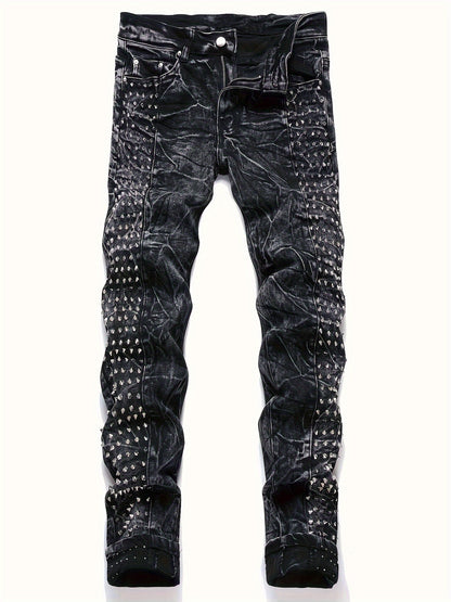 Men's Slim-Fit Rivet-Studded Denim Jeans - Punk Style, Stretch Cotton Blend Black / 30 Black / 32 Black / 34 Black / 30-Black / 32-Black / 34-Black / 36-Black / 38-