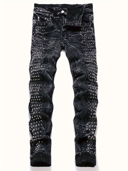 Men's Slim-Fit Rivet-Studded Denim Jeans - Punk Style, Stretch Cotton Blend Black / 30 Black / 32 Black / 34 Black / 30-Black / 32-Black / 34-Black / 36-Black / 38-