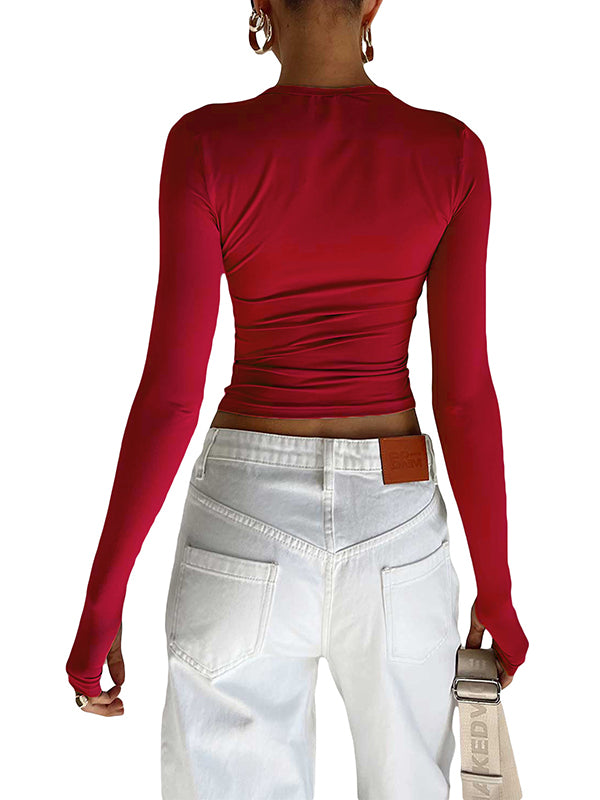 Chic & Versatile: Long Sleeve Skinny Hollow Solid Color Round Neck T-Shirt RED / S RED / M RED / L RED / S-RED / M-RED / L-PINK / S-PINK / M-PINK / L-BLUE / S-BLUE / M-BLUE / L-WHITE / S-WHITE / M-WHITE / L-GREEN / S-GREEN / M-GREEN / L-BROWN / S-BROWN / M-BROWN / L-BLACK / S-BLACK / M-BLACK / L-ORANGE / S-ORANGE / M-ORANGE / L-
