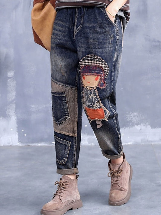 Women's Jeans Harem Pants  Mid Waist Embroidered Pocket Drawstring Micro-elastic Blue / S Blue / M Blue / L Blue / S-Blue / M-Blue / L-Blue / XL-Blue / XXL-