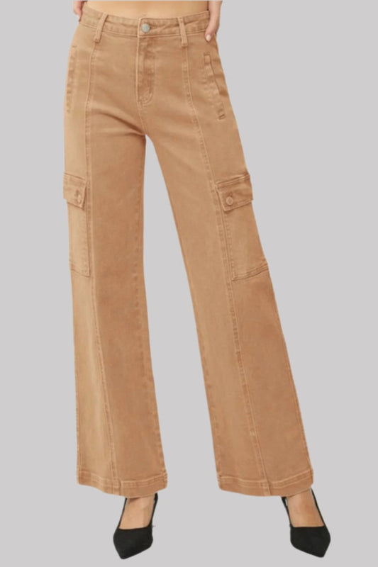 RISEN Full Size High Rise Wide Leg Cargo Jeans Cocoa / 0(24) Cocoa / 1(25) 