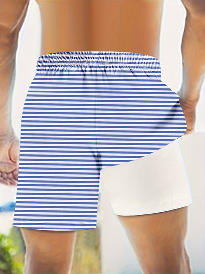 Men's Quick-Dry Swim Trunk with Compression Liner - Vibrant Yellow & Black Striped Beach Board Shorts, Regular Fit for Swimming, Surfing & Summer