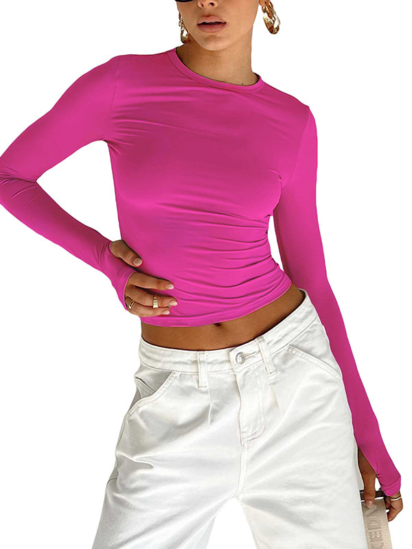 Chic & Versatile: Long Sleeve Skinny Hollow Solid Color Round Neck T-Shirt RED / S RED / M RED / L RED / S-RED / M-RED / L-PINK / S-PINK / M-PINK / L-BLUE / S-BLUE / M-BLUE / L-WHITE / S-WHITE / M-WHITE / L-GREEN / S-GREEN / M-GREEN / L-BROWN / S-BROWN / M-BROWN / L-BLACK / S-BLACK / M-BLACK / L-ORANGE / S-ORANGE / M-ORANGE / L-