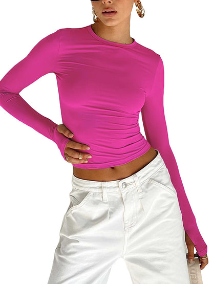 Chic & Versatile: Long Sleeve Skinny Hollow Solid Color Round Neck T-Shirt RED / S RED / M RED / L RED / S-RED / M-RED / L-PINK / S-PINK / M-PINK / L-BLUE / S-BLUE / M-BLUE / L-WHITE / S-WHITE / M-WHITE / L-GREEN / S-GREEN / M-GREEN / L-BROWN / S-BROWN / M-BROWN / L-BLACK / S-BLACK / M-BLACK / L-ORANGE / S-ORANGE / M-ORANGE / L-
