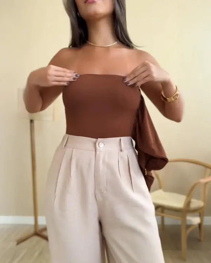 Chic & Sleek: One-Shoulder Slim Fit Bodysuit with Heart-Shaped Accent brown / S(4) brown / M(6) brown / L(8-10) brown / S(4)-brown / M(6)-brown / L(8-10)-brown / XL(12)-