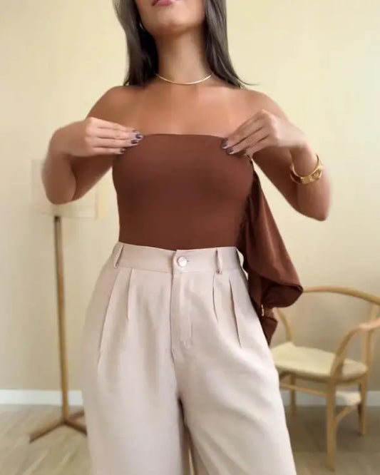Chic & Sleek: One-Shoulder Slim Fit Bodysuit with Heart-Shaped Accent brown / S(4) brown / M(6) brown / L(8-10) brown / S(4)-brown / M(6)-brown / L(8-10)-brown / XL(12)-