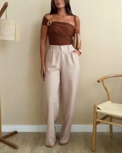 Chic & Sleek: One-Shoulder Slim Fit Bodysuit with Heart-Shaped Accent brown / S(4) brown / M(6) brown / L(8-10) brown / S(4)-brown / M(6)-brown / L(8-10)-brown / XL(12)-