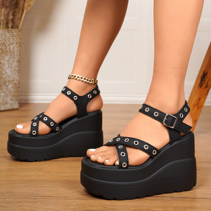 Eyelet Open Toe Platform Wedge Sandals Black / 36(US5) Black / 37(US6) Black / 38(US7) Black / 36(US5)-Black / 37(US6)-Black / 38(US7)-Black / 39(US8)-Black / 40(US9)-Black / 41(US10)-Black / 42(US10.5)-