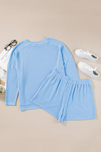 Light Blue Plus Size Ribbed Long Sleeve Top and Drawstring Shorts Set